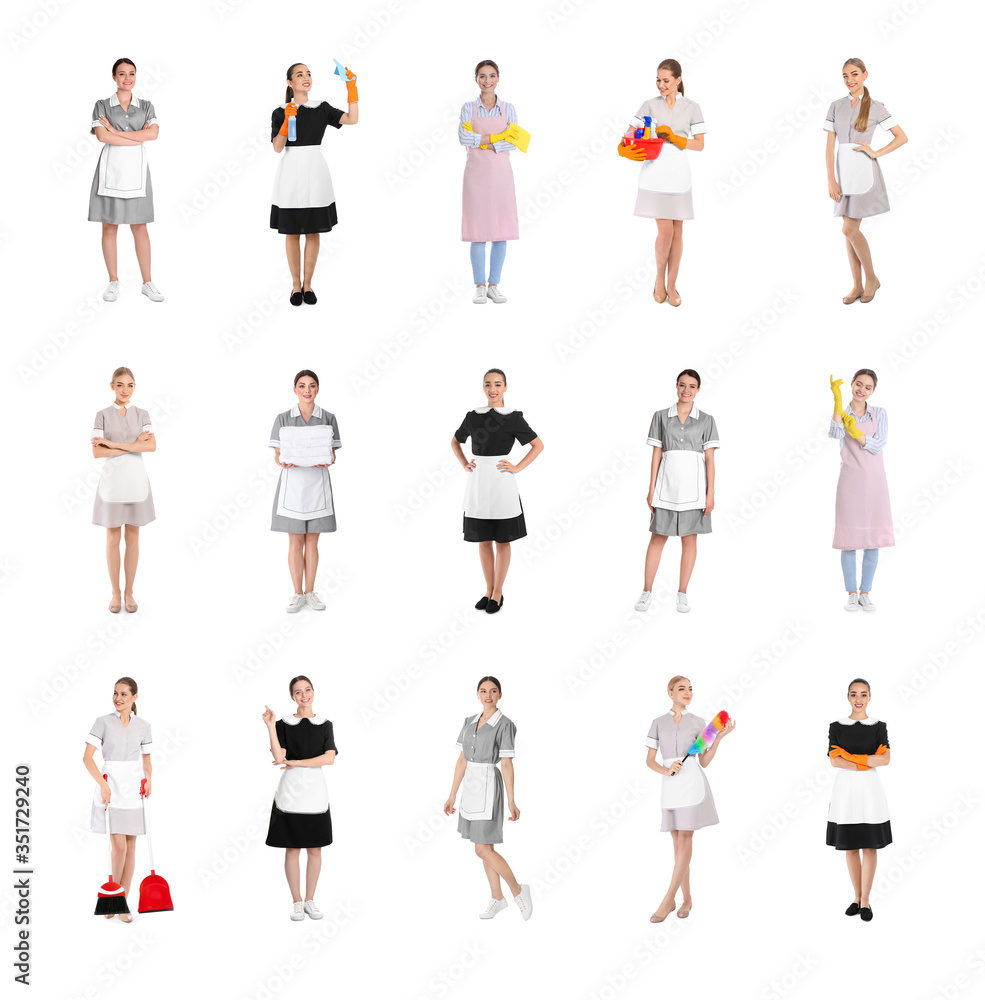 Collage with chambermaids in uniforms on white background