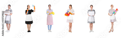 Obraz na płótnie Collage with chambermaids on white background. Banner design