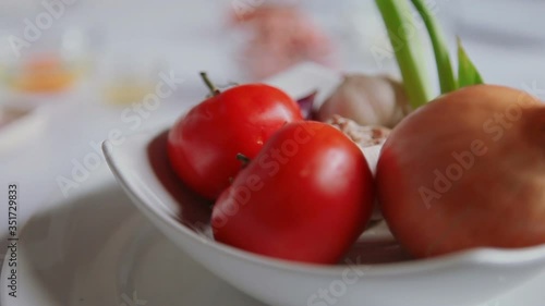 Ingredients Traditional recipe, ginger, galangal, tomatoes, garlic, onion and chilli. On Rotation plate