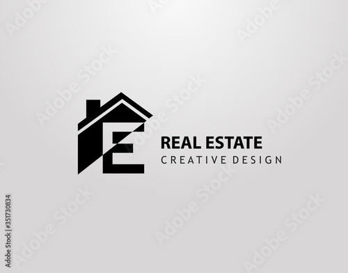 E Letter Logo. house shape with negative letter H, Real Estate Architecture Construction Icon Design.