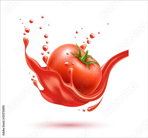 Vector realistic ripe tomato red juice splash