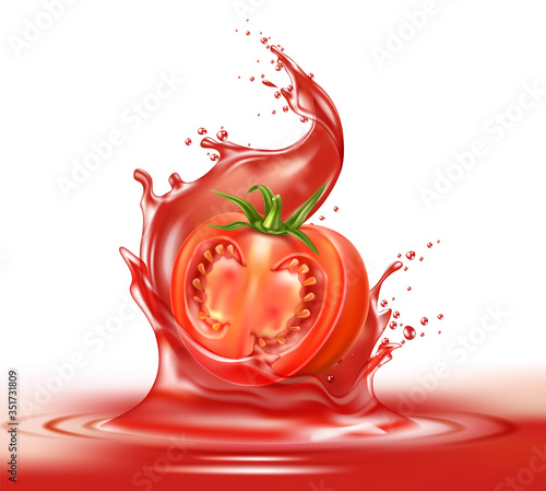 Vector realistic ripe tomato red juice splash