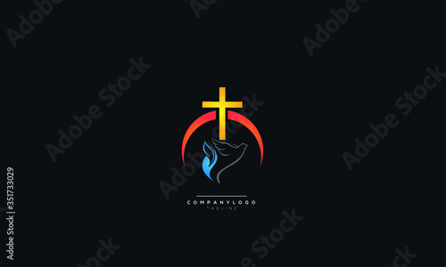 Church logo. Christian symbols. The Cross of Jesus, the fire of the Holy Spirit and the dove