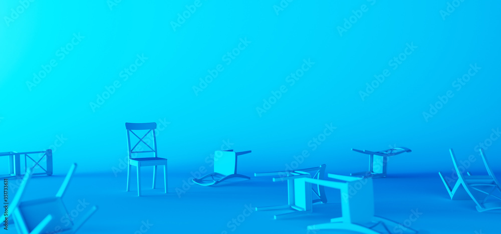 One chair stands upright and the others are overturned on a blue background 3d render 3d illustration