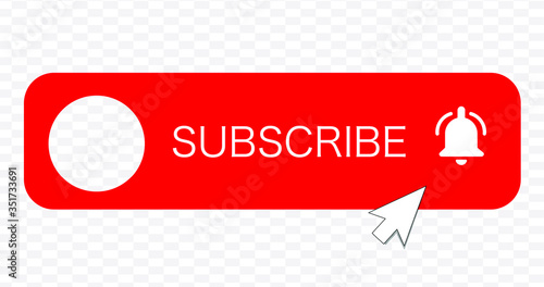 SUBSCRIBE - button red color with handon transparent background. YouTube channel. Vector illustration.
