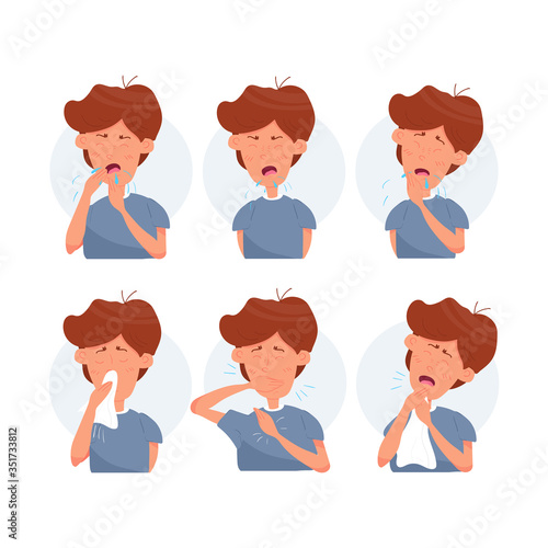 Boy kid character coughing and sneezing. Healthcare recommendation how to sneeze, cough properly. Prevention. Hygiene Concept. Flat cartoon vector stock Illustration isolated on white background.