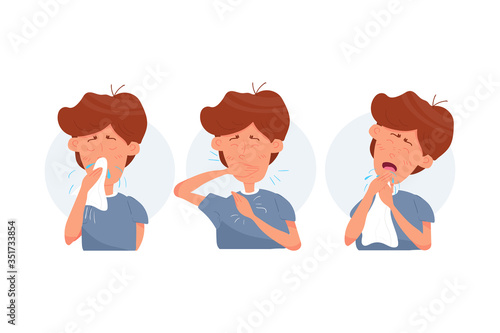 Boy kid character coughing and sneezing. Sick Kid. Season allergy. Flat cartoon vector stock Illustration isolated on white background.