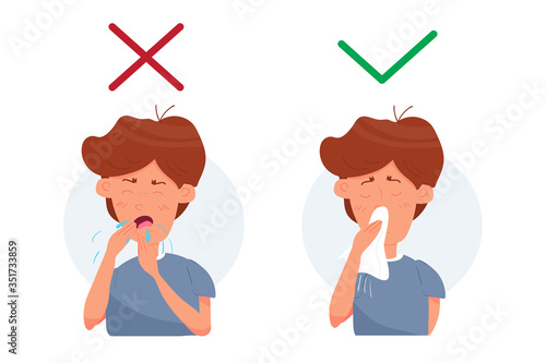 Boy kid character coughing and sneezing. Healthcare recommendation how to sneeze, cough properly. Prevention. Hygiene Concept. Flat cartoon vector stock Illustration isolated on white background.