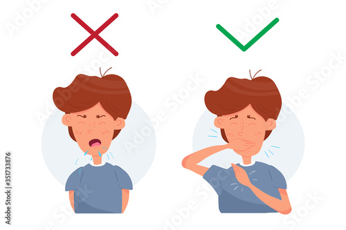 Boy kid character coughing and sneezing. Healthcare recommendation how to sneeze, cough properly. Prevention. Hygiene Concept. Flat cartoon vector stock Illustration isolated on white background.