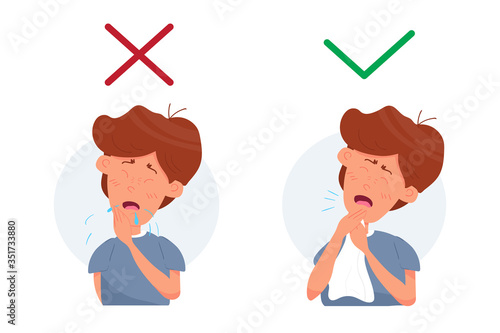 Boy kid character coughing and sneezing. Healthcare recommendation how to sneeze, cough properly. Prevention. Hygiene Concept. Flat cartoon vector stock Illustration isolated on white background.