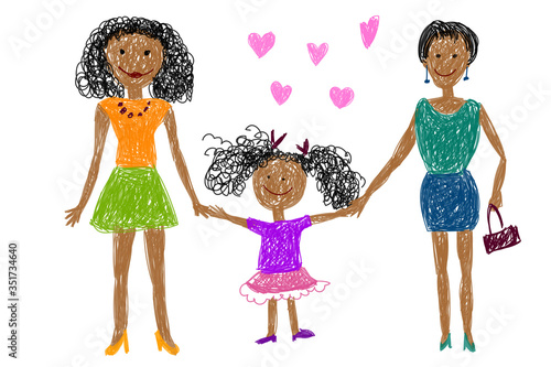 Lgbt family. Children's drawing. Two black happy women with  adopted girl. Vector illustration.