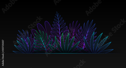 Vector neon tropical floral border; Acid gradients on black background; Elegant line graphic art; Futuristic design of frame with exotic palm leaves and plants; Minimal decor for card, poster, banner.