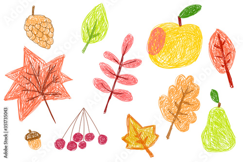 Child's painting with autumn leaves and fruits