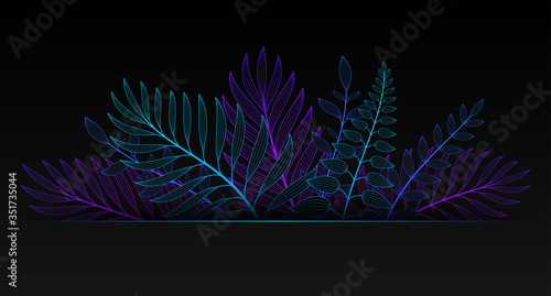 Vector illustration in neon gradient style and space for text. Black background with exotic plants and tropical leaves. Fluorescent backdrop for greeting cards, posters, banners, social media and etc.