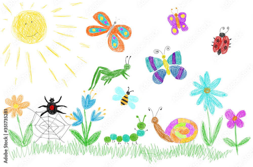 Children's drawing of beetles on a meadow. Vector illustration