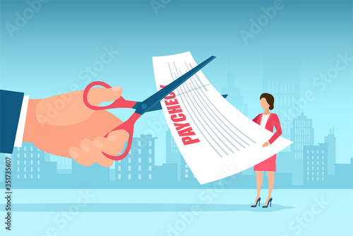 Vector of a boss cutting staff employee pay, salary, reducing running costs of a company
