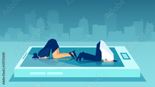 Vector of a businessman and woman hiding their heads in smartphone escaping from problems like ostrich