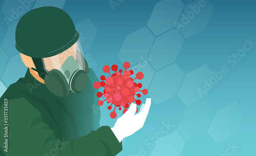 Vector of a doctor wearing protective personal equipment looking at the coronavirus