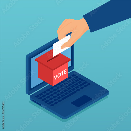 Vector of a hand putting paper with vote in the ballot box in a computer
