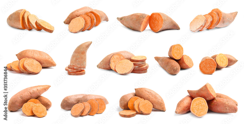 Set of cut ripe sweet potatoes on white background