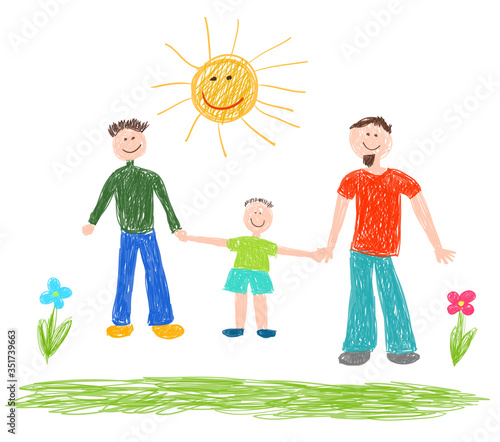 Lgbt family. Two men with boy. Vector illustration.
