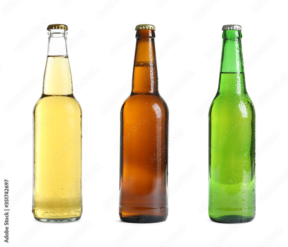 Set with different bottles of beer on white background Set with different bottles of beer on white background