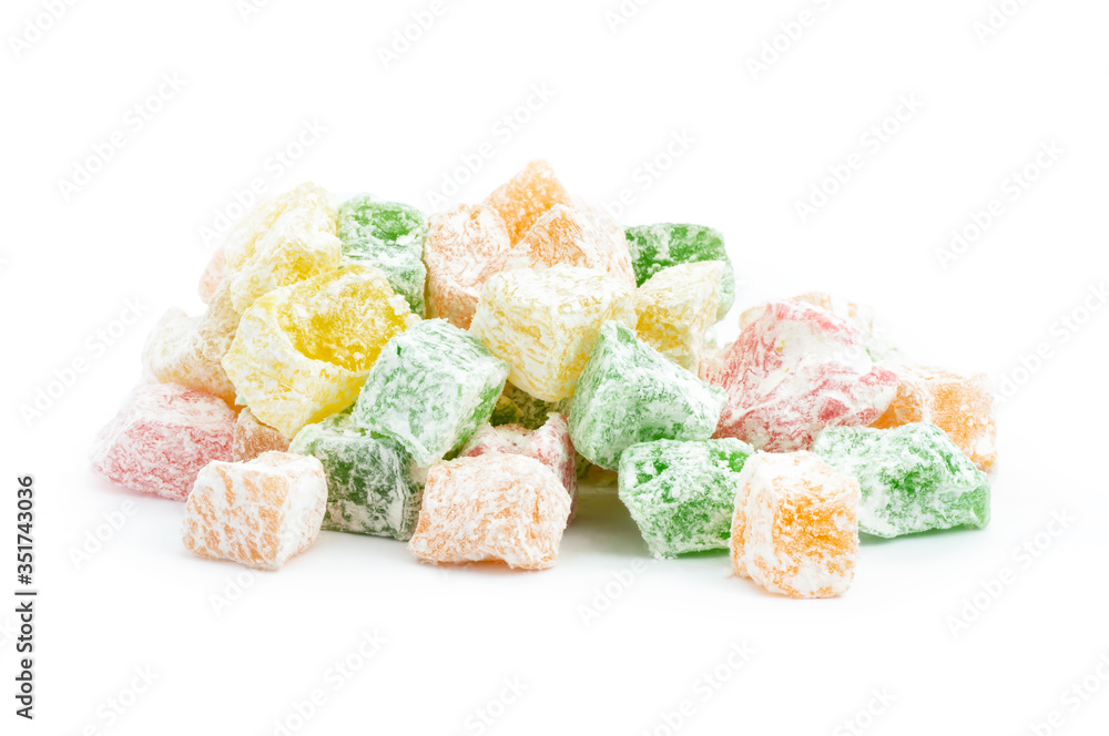 Turkish delight isolated on white background, traditional fruity flavored turkish sweet food