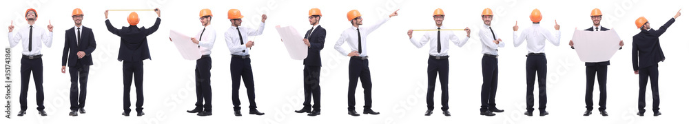 panoramic photo collage of confident architect isolated on white panoramic photo collage of confident architect isolated on white