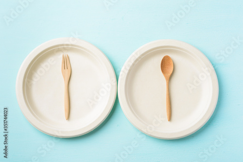 Biodegradable plate, Compostable plate or Eco friendly disposable plate with wooden fork and spoon