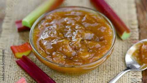 Homemade Rhubarb Jam on a rotating plate (seamless loopable)