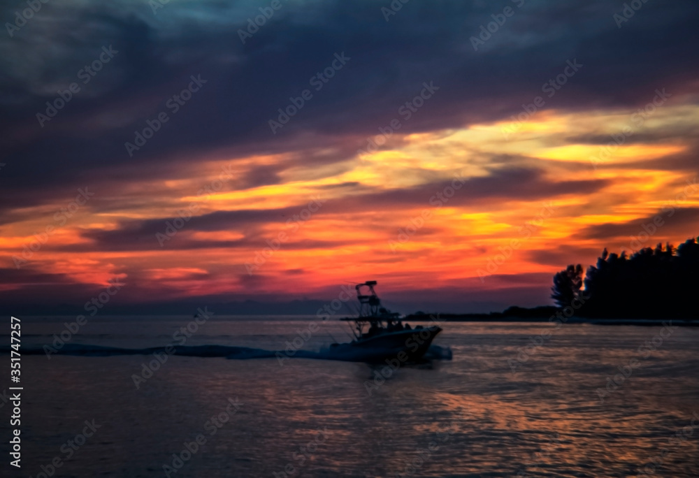 sunset over the sea, boat, red, sky, intense, color, clouds, summer, orange, horizon, travel, island, calm, Siesta Key, Florida
