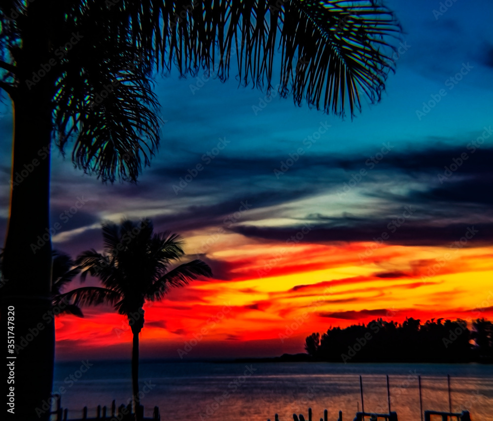 Obraz premium sunset over the sea, palm, tree, red, clouds, swirl, sky, island, evening, summer, dusk, vacation, tropical, Siesta Key, Florida