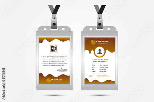 Corporate ID Card Design Template with space for photo. liquid brown gradient for element designs. wavy style business identity card.  labor card front and back.