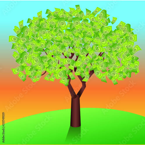 Illustration of a money tree with a beautiful sunrise or sunset in the background.