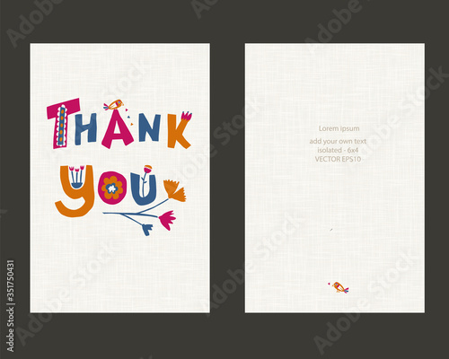 Bright floral thank you greeting card template on linen background. Cute hand drawn collage lettering, flowers and bird. Scandi doodle floral gratitude appreciation notecard Creative vector isolated