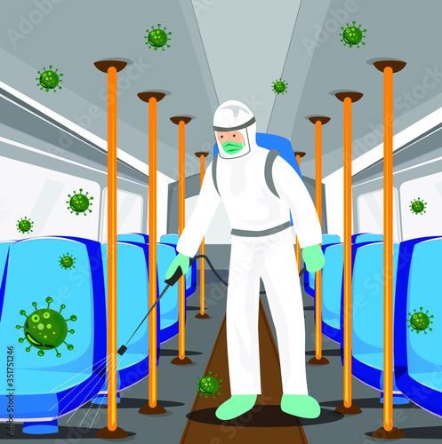 Vector illustration of a coronary injection (Covid-19) personnel sterilizing spray 
In the bus.