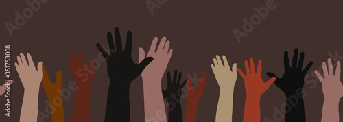 A multi-ethnic, multicultural group raises their hands up (horizontally seamless).