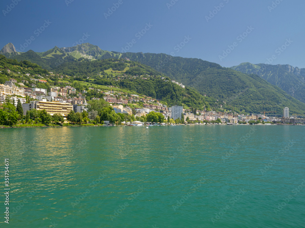 Montreux, a municipality in the district of Riviera-Pays-d'Enhaut in the canton of Vaud in Switzerland. It is located on Lake Geneva at the foot of the Alps.