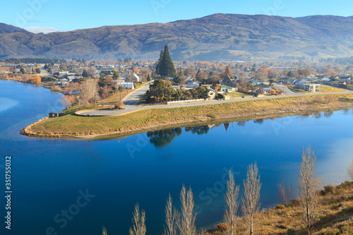 Cromwell town and Kawarau river near Lake Dunstan view from The Bruce Jackson Lookout, Central Otago region, New Zealand.