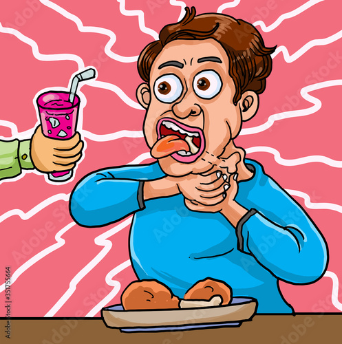 Funny cartoon . Panic man after choking in the throat.