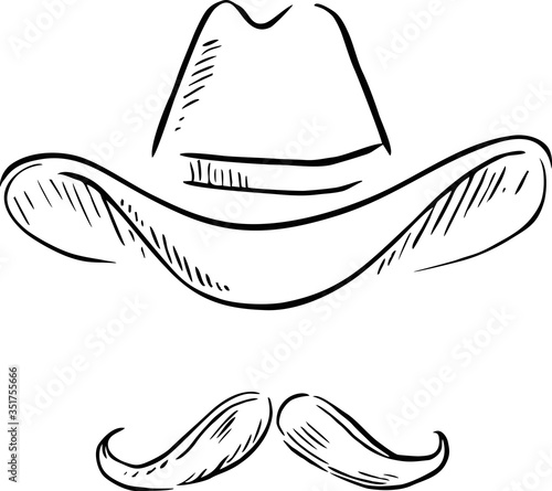Doodle Hat,and mustache, cowboy style. Vector illustration