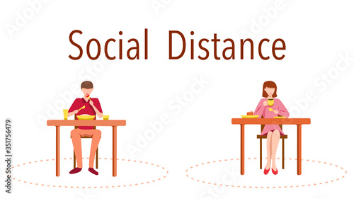Social distance concept in restaurant : a man and a woman sit a distance apart in separate tables with food on tables. COVID-19 pandemic time. Vector illustration, Flat design