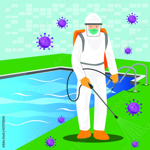 Vector illustration of a coronary injection (Covid-19) personnel sterilizing spray Around the pool.
