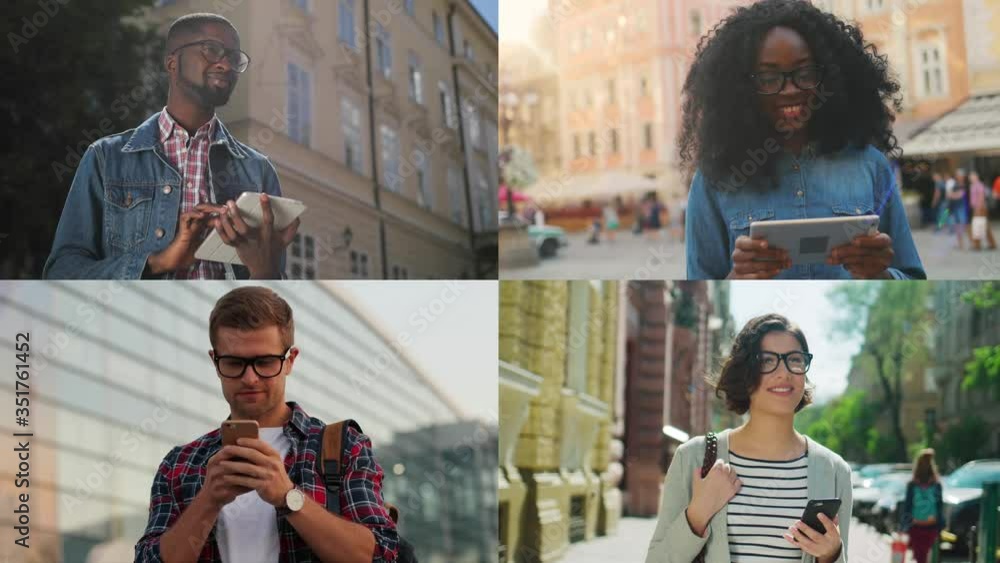 Collage of diverse multiethnic people on street in town. Compilation (montage) of African American man and woman searching internet on tablet outdoor. Caucasian male and female texting on smartphones