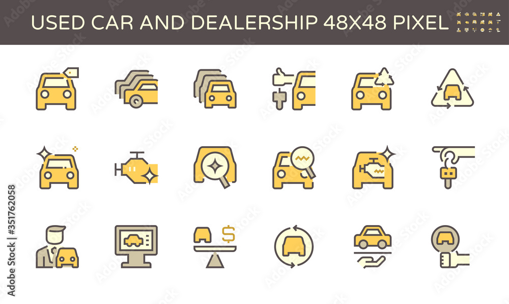 Used car and dealership vector icon set design, 48X48 pixel perfect and editable stroke. Used car and dealership vector icon set design, 48X48 pixel perfect and editable stroke.