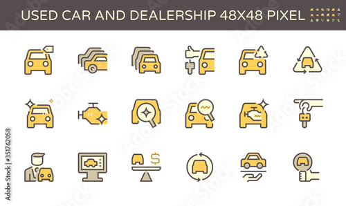 Used car and dealership vector icon set design, 48X48 pixel perfect and editable stroke.