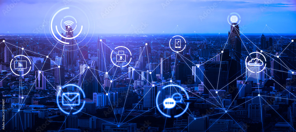 internet of things IOT smart futuristic city landscape with information communication technology ICT concept, wireless data transmission connection transfers and cloud data storage, evening sunset