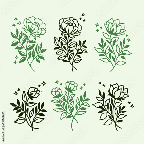 beautiful vector set of floral illustration logo elements and flower plant lineart design for sticker  card  tags  wedding invitation  decoration  or banner