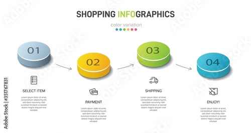 Concept of shopping process with 4 successive steps. Four colorful graphic elements. Timeline design for brochure, presentation, web site. Infographic design layout.