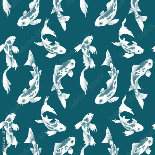 Koi fish seamless pattern. Traditional japanese koi carp pattern. Watercolor